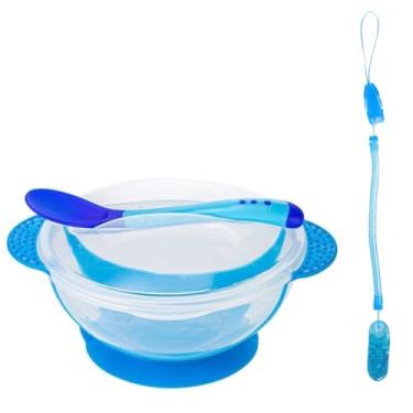 Imagem de Bowl Pratinho Pote Intantil com Colher e Tampa com Prendedor de Chupeta BPA Free Potinho com Ventosa Firme Introdução Alimentar (Azul com Predendor de Chupeta e Brinquedos Azul)