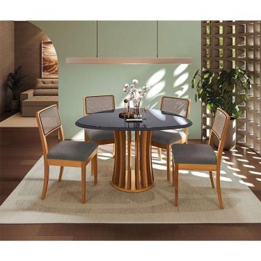 Imagem de conjunto de mesa de jantar oval com tampo de vidro preto e 4 cadeiras premium veludo cinza e carvalho