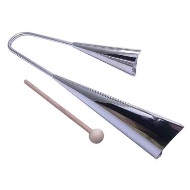Imagem de TUOREN Percussão Agogo Bell Steel Instrumento musical tradicional com bastão de madeira, dois tons, acabamento cromado