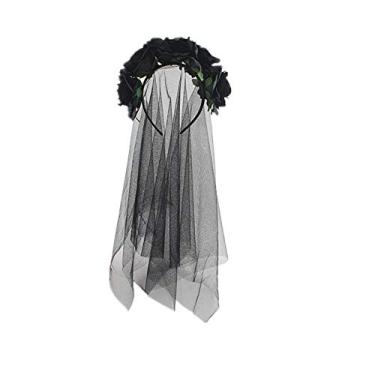 Imagem de SUNTRADE Women Girls Zombie Bride Black Veil with Flowers Hairband for Halloween Cosplay Wedding Costume Headwear