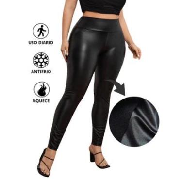 Imagem de Calça Plus Size Feminina em Cirrê Couro Fake Flanelada Cintura Alta-Feminino