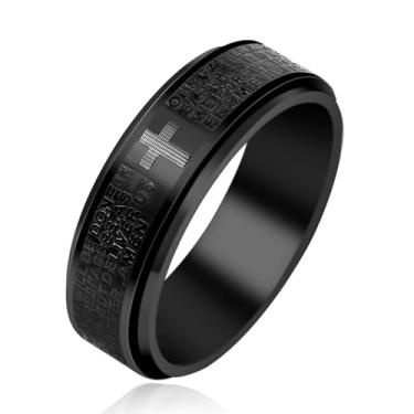 Imagem de JunyiDIY Anel de cruz masculino com versículo da Bíblia - Anel giratório de aço de titânio preto com versículos bíblicos inspiradores para marido, pai, filho, aniversário, Natal, aniversário, joia de