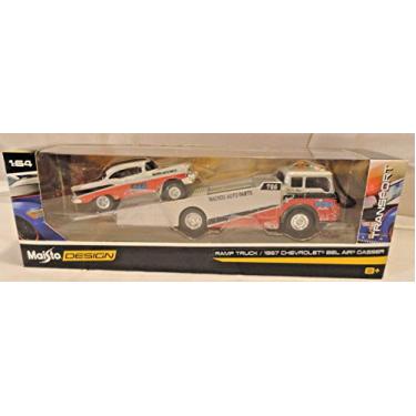 Imagem de Design MAISTO 1:64 Scale Gray RED RAMP Truck with 1957 Chevy BEL AIR Gasser DIE-CAST