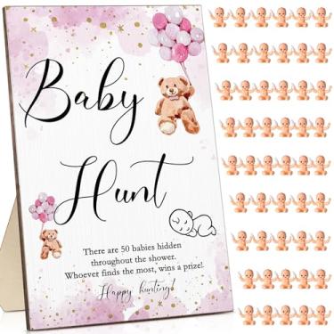 Imagem de Roowest 51 peças de jogos de chá de bebê incluem placa de caça de bebê de madeira 50 mini bebês de plástico bebês meninos meninas jogos de chá de bebê revelação de gênero lembrancinhas de festa