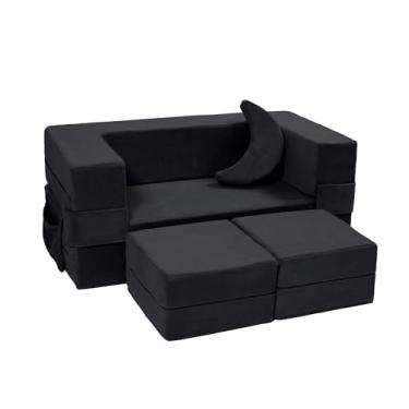 Imagem de Elftopia Sofá infantil modular, poltrona de espuma para crianças, conjunto de sofá de pelúcia conversível para crianças, sofá-cama dobrável (preto)