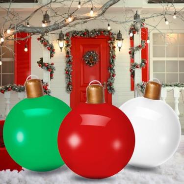 Imagem de 3 peças bolas infláveis de Natal de 45,72 cm de jarda bolas de Natal infláveis enfeites de árvore de Natal gigantes decorações de quintal de PVC para decoração externa de quintal de jardim de férias e varanda (vermelho branco verde)