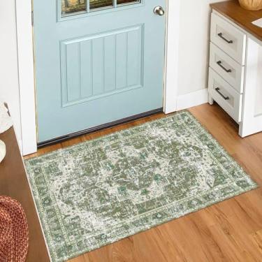 Imagem de Tapete de entrada Boho neutro moderno vintage lavável tapete verde oliva empoeirado 2x3 tapete pequeno antiderrapante para corredor, banheiro, porta da frente
