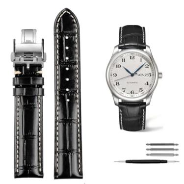 Imagem de waillynice Pulseira de relógio de couro genuíno para Longines L2 L3 L4 Masters Collection, pulseira de couro bovino de 19 mm, 20 mm, 21 mm (fecho dobrável preto)