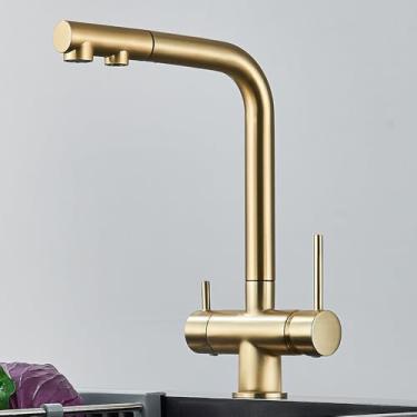 Imagem de Purificador de água Torneira de cozinha Preto Pull Out Filtro flexível Torneiras de cozinha Guindaste Latão 2 em 1 Torneira misturadora de água quente e fria, Ouro escovado