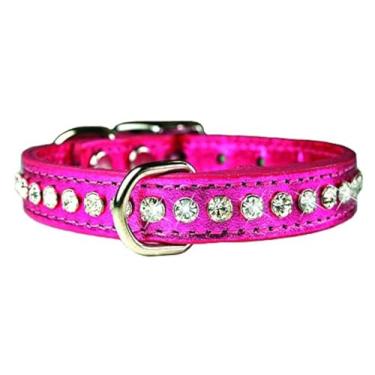 Imagem de OmniPet Coleira de couro de cristal para cães, couro de grão sólido rosa metálico, serve para pescoço de 29 a 34 cm