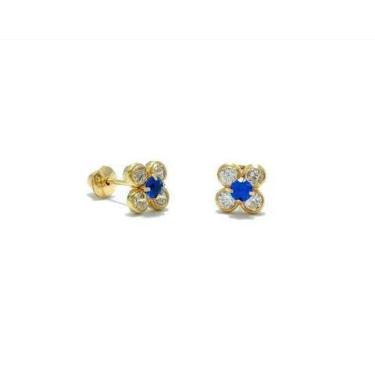 Imagem de Brinco de ouro 18k flor com zircônia - Elegancy Joias, Azul
