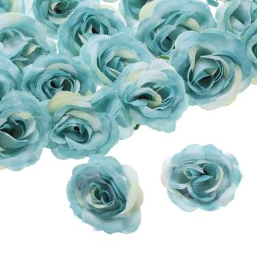 Imagem de uxcell 50 peças de flores artificiais de rosa, cabeças de rosas falsas de seda de 3 cm, mini flores artificiais a granel para buquês de casamento, decoração de casa, azul