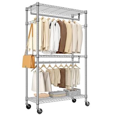 Imagem de MZG Suporte de roupas com rodinhas resistente, 3 camadas, prateleira, arame, ajustável, com 2 varões e ganchos laterais, armário de armazenamento com rodas cromado 39,9 cm P x 75 cm L x 189,2 cm A