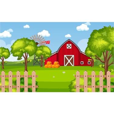 Imagem de 2,1 x 1,5 m de desenho animado vermelho tema fazenda palheiro moinho de vento pano de fundo de árvore de maçã fundo celeiro adereços de cabine de fotos para crianças festa de aniversário retrato vídeo