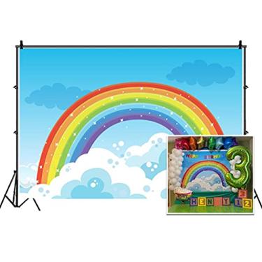 Imagem de Leyiyi 1,8 x 1,2 m Pano de fundo fotográfico arco-íris batismo chá de bebê céu estrelado nuvem horizonte Vlogger mesa de bolo infantil festa de verão pijama foto retrato vinil estúdio