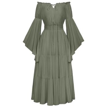 Imagem de Scarlet Darkness Vestido longo feminino Renaissance com ombro de fora, manga de sino, em camadas, verde musgo, P