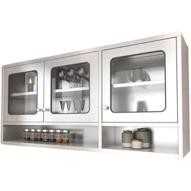 Imagem de Armário de parede de cozinha de aço inoxidável com portas duplas e prateleiras ajustáveis Prateleira de armazenamento montada na parede para sala de estar, cozinha, banheiro, prata, 150 x 30 x 70 cm