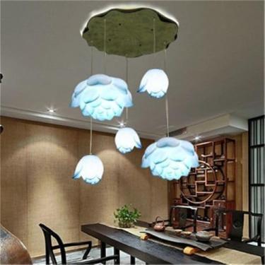Imagem de OUFULA Luminária pendente de lótus contemporânea chinesa retrô criatividade sala de estar restaurante quarto villa hotel decoração led lustre (Blue 5 lights)