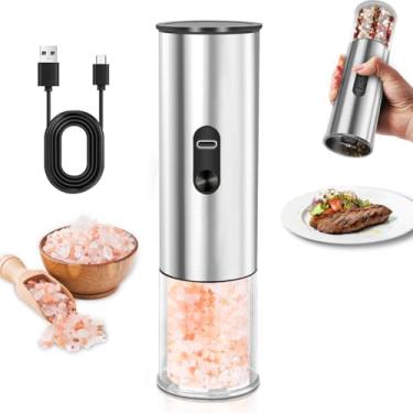 Imagem de Conjunto de moedor de sal e pimenta, saleiro elétrico e pimenteiro com espessura ajustável, moedor automático de sal, recarregável, operação com uma mão com luz LED (1)