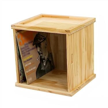 Imagem de Caixa de armazenamento de CD para discos de vinil, caixa de armazenamento de LP, caixa de madeira com alça - suporte e organizador de álbum de pinheiro de mesa, estojo empilhável de armazenamento de