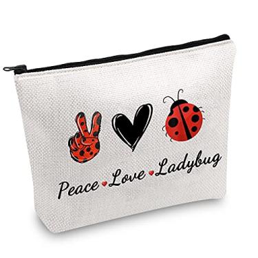 Imagem de JXGZSO Bolsa de maquiagem com símbolo de joaninha boa sorte com zíper presentes para mulheres paz amor joaninha bolsa cosmética, Peace Love Ladybug