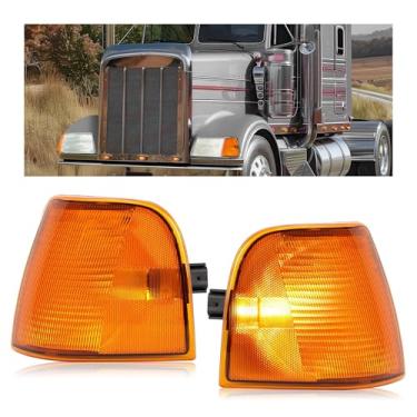Imagem de HECASA Par de luz de canto compatível com Peterbilt 375 385 caminhões seta marcador lateral conjunto de lâmpada de estacionamento lente âmbar de halogênio (lado esquerdo e direito)