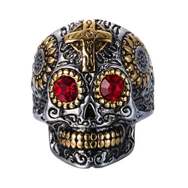 Imagem de INRENG Anel masculino de aço inoxidável prata ouro gótico cruz caveira olho verde flor vintage esculpida Halloween, Aço inoxidável, ouro, titânio, prata, metal