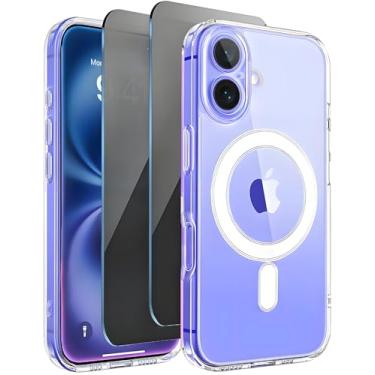 Imagem de TXXO Capa magnética para iPhone 16 Plus transparente compatível com MagSafe, com protetor de tela de privacidade X2 [proteção da câmera] capa fina à prova de choque feminina para iPhone 16 Plus de 6,7