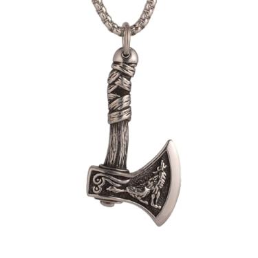 Imagem de Colar masculino com pingente de machado Thor Machado de batalha Viking da Noruega, aço inoxidável 316L, corrente quadrada de pérola de aço inoxidável prateado, joia vintage de amuleto nórdico,