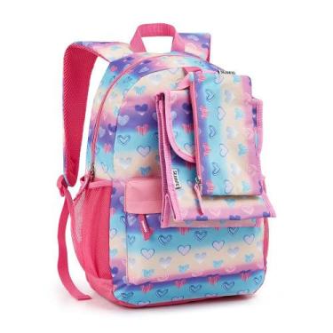 Imagem de Mochila Infantil + Estojo e Garrafa Seanite MI42104, Rosa coração