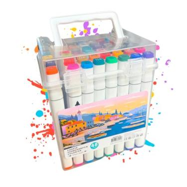 Imagem de Canetinha Ponta Dupla com Estojo para Colorir Kit de Canetas Escolar Marcador Coloridas Permanente Duas Pontas (48 CORES)