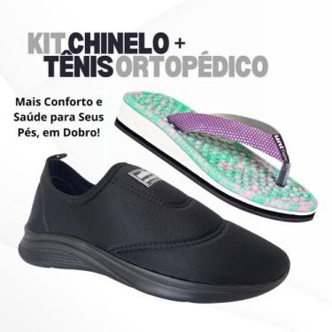 Imagem de Kit Tênis Feminino Calce Fácil Confortável + Chinelo Ortopédico Massag