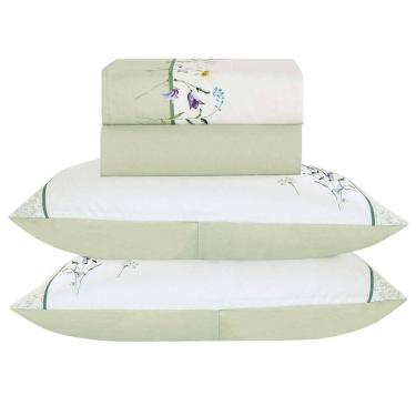Imagem de Jogo De Cama Lençol Casal Bouquet Percal 300 Fios 4 Peças Verde 100% Poliéster