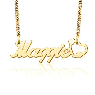 Imagem de LuxglitterLin Colar com nome de coração personalizado, banhado a ouro 18 K, joia personalizada para mulheres com corrente de elos, Metal, Cristal sintético