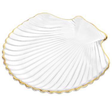 Imagem de Linkidea Bandeja de saboneteira de vidro transparente com acabamento dourado, design elegante de concha marítima para decoração de banheiro, suporte de limpeza para penteadeira, bancada, pia