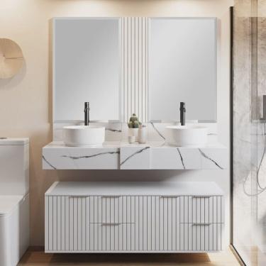 Imagem de Conjunto para Banheiro Bancada em Porcelanato com Cuba de Apoio, Armário e Espelho Ripy 120cm