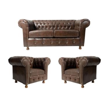 Imagem de Uma Namoradeira Chesterfield Capitonê Luis xv + Duas Poltronas- Corano Marrom Decoração, Recepção, Salas de Tv e Estar