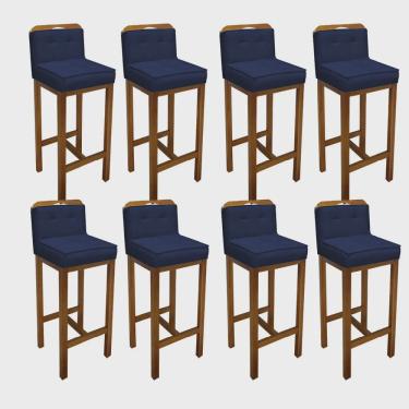Imagem de Kit 08 Banqueta Alta Com Encosto Agnes Cozinha Balcão Bistrô Base Madeira Castanho Suede Azul Marinho - Ahz Móveis