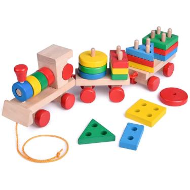Imagem de Brinquedos divertidos 15,5 Polegadas Brinquedos infantis de trem de madeira, classificador de forma e empilhamento de brinquedos de madeira, brinquedo