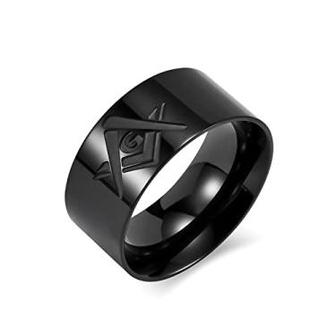Imagem de Meilord Anel de maçonaria de 10 mm de aço inoxidável com símbolo maçônico para homens e meninos, anel de motociclista punk rock, hip hop, tamanho 7-12, prata preto dourado, Metal