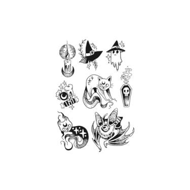 Imagem de Tatuagens temporárias, chapéu de morcego e gato, tatuagens de gato, duram de 1 a 2 semanas, resistentes à água, aparência de tatuagem real, resiliência,18 x 11 cm
