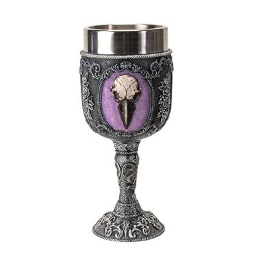 Imagem de Pacific Giftware Cálice de caveira de corvo, 8 floz, resina cálice com aço inoxidável com crânio de corvo e design floral, perfeito para exibição de vinho e decoração de casa gótica