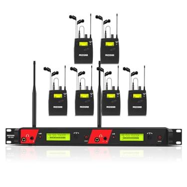 Imagem de MIZISNR Sistema de monitor de ouvido sem fio, 2 canais 6 Bodypacks Pro Mono IEM para músicos, monitor de montagem em rack de metal com frequências UHF 2 x 40, alcance de 100 metros para banda, palco