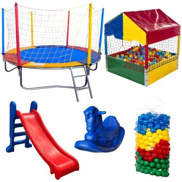Imagem de Kit Playground Cama Elástica Pula Pula Nacional 2,30m Piscina de Bolinhas 1,00m Quadrada com 500 Bolinhas Escorregador Médio Gangorra 1 Lugar