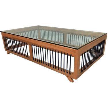 Imagem de Mesa De Centro Saibi Ozki 150 Cm Madeira Eucalipto Cedro Corda Plana Azul E Tampo De Vidro