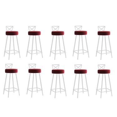 Imagem de Kit 10 Banqueta Alta Com Encosto Tânya Eiffel Cozinha Ferro Branco Corino Vermelho - Amey Decor