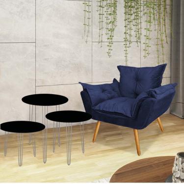 Imagem de Kit Poltrona Opala Com 3 Mesas Roma Ferro Prata Tampo Redondo Preto Suede Azul Marinho