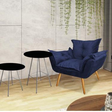 Imagem de Kit Poltrona Opala Com 2 Mesas Ferro Prata Tampo Redondo Preto Sintético Azul Marinho