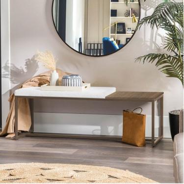 Imagem de Banco Recamier Puff 160cm Industrial Marrom Sintético Branco Tampo Quadrado Mdf Rústico