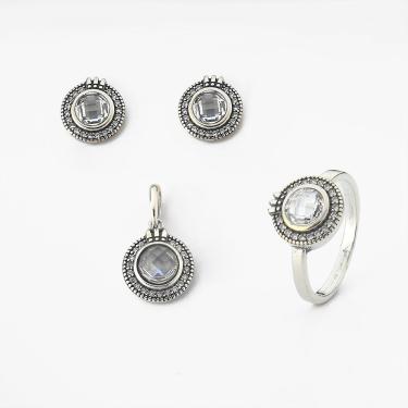 Imagem de Conjunto Brinco Pingente E Anel Com Cristal E Zircônias Prata 925 Cristal 17